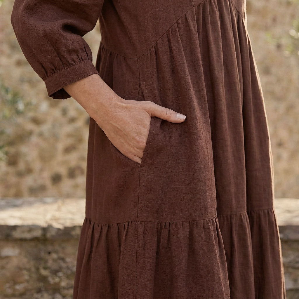 Burgundy 100% Cotton Deep-V Maxi Tier Dress