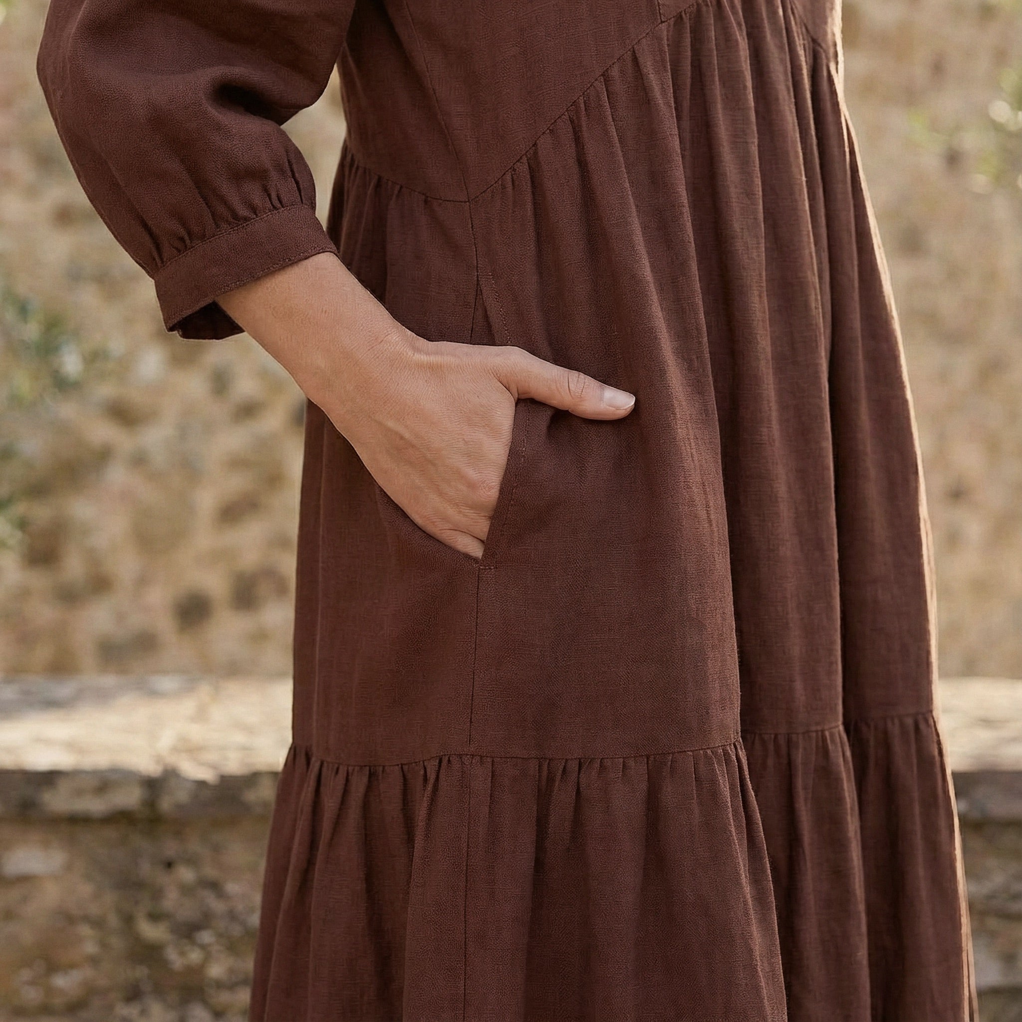 Burgundy 100% Cotton Deep-V Maxi Tier Dress