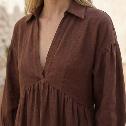 Burgundy 100% Cotton Deep-V Maxi Tier Dress