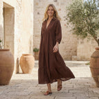 Burgundy 100% Cotton Deep-V Maxi Tier Dress