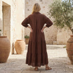 Burgundy 100% Cotton Deep-V Maxi Tier Dress