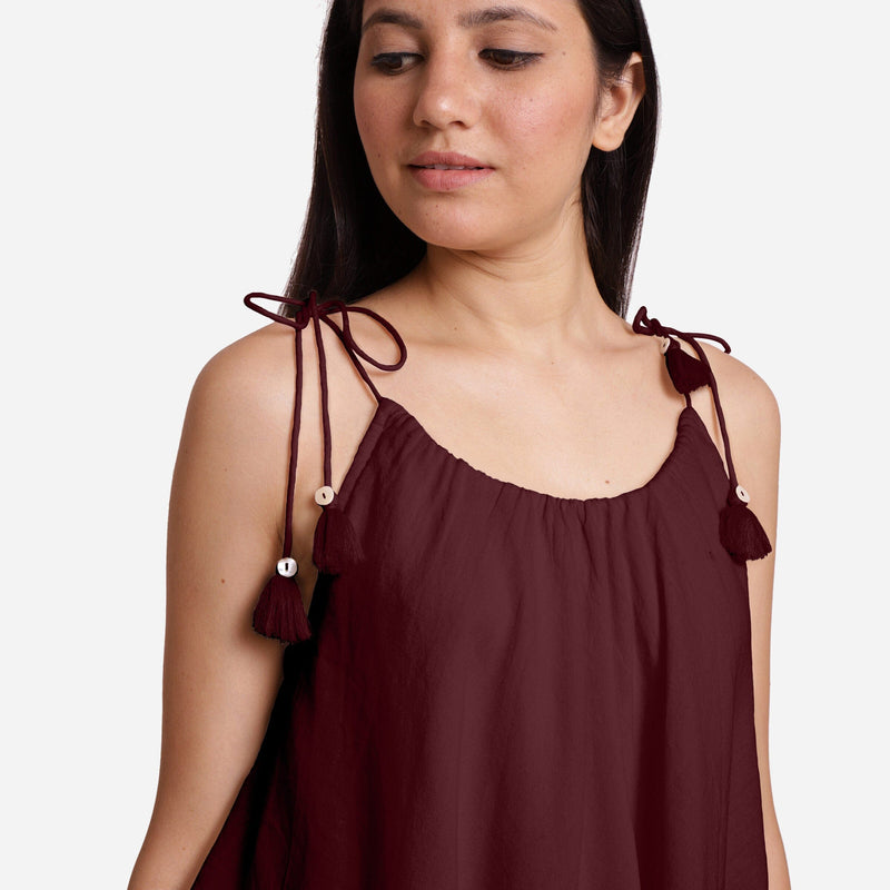 Burgundy 100% Cotton Tie-Up Shoulder Tier Mini Dress