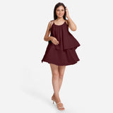 Burgundy 100% Cotton Tie-Up Shoulder Tier Mini Dress