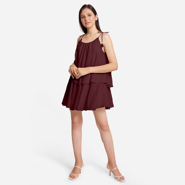 Burgundy 100% Cotton Tie-Up Shoulder Tier Mini Dress