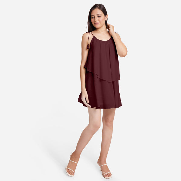 Burgundy 100% Cotton Tie-Up Shoulder Tier Mini Dress