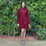 Burgundy Warm Cotton Corduroy A-Line Short Dress