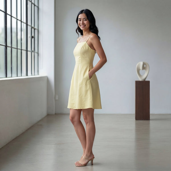 Butter Yellow 100% Cotton Fit and Flare Short Dress