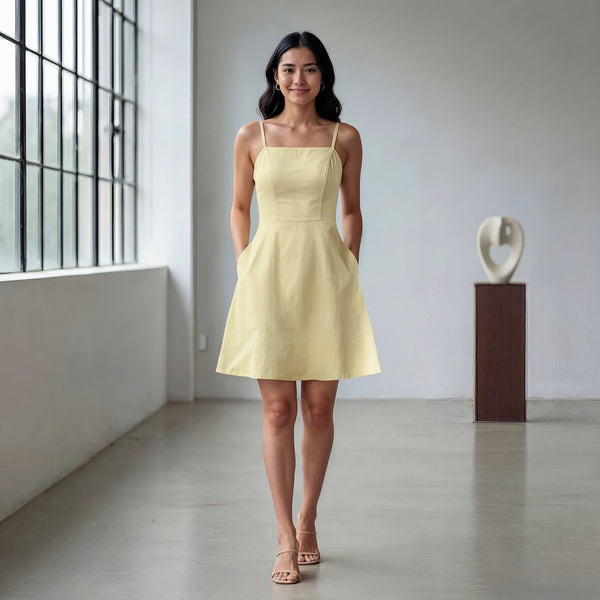 Butter Yellow 100% Cotton Fit and Flare Short Dress