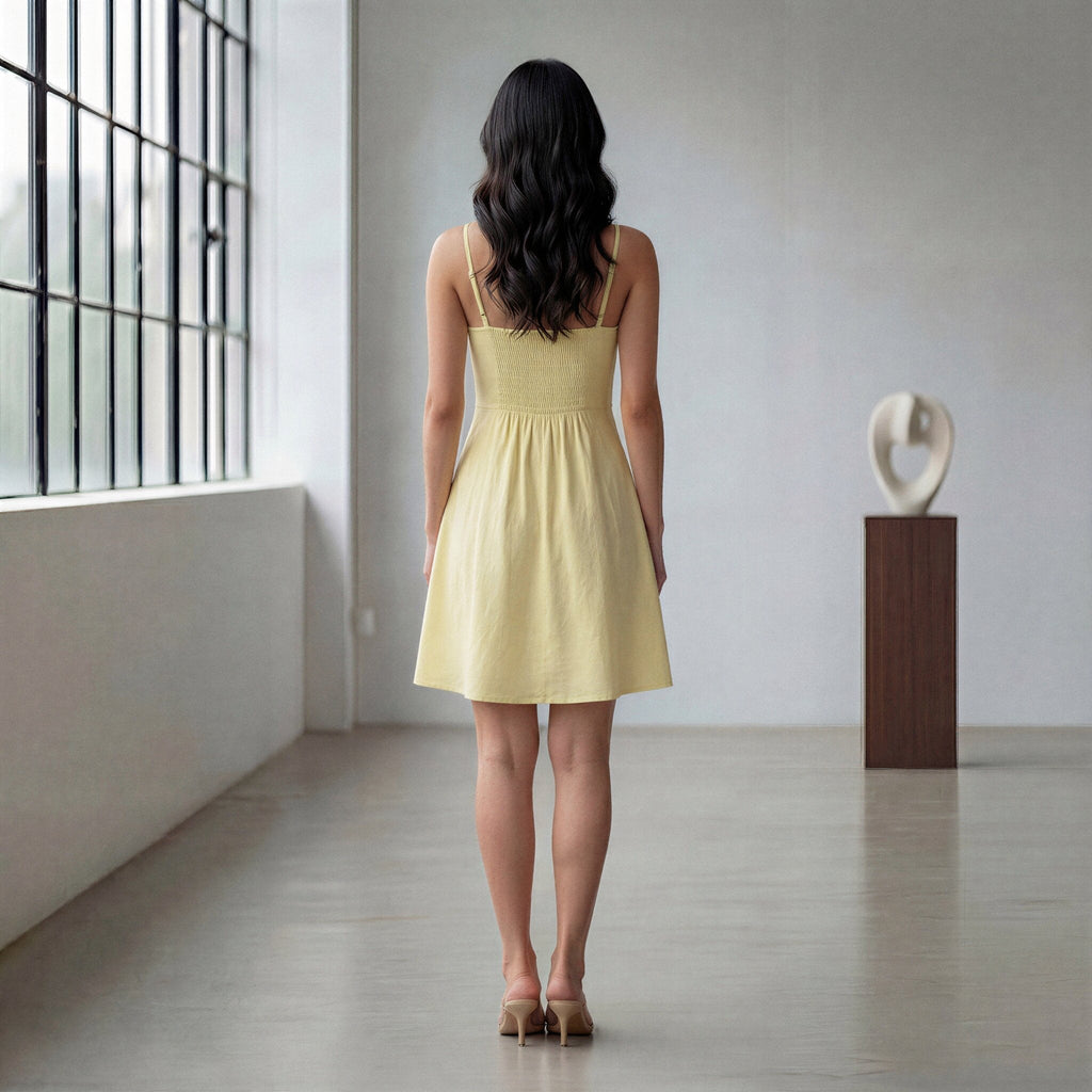 Butter Yellow 100% Cotton Fit and Flare Short Dress