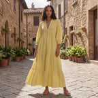 Butter Yellow Handspun Cotton Deep-V Maxi Tier Dress