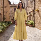 Butter Yellow Handspun Cotton Deep-V Maxi Tier Dress