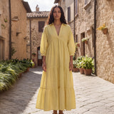 Butter Yellow Handspun Cotton Deep-V Maxi Tier Dress