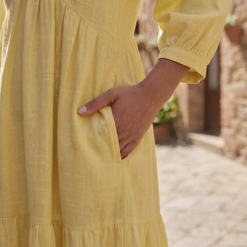 Butter Yellow Handspun Cotton Deep-V Maxi Tier Dress
