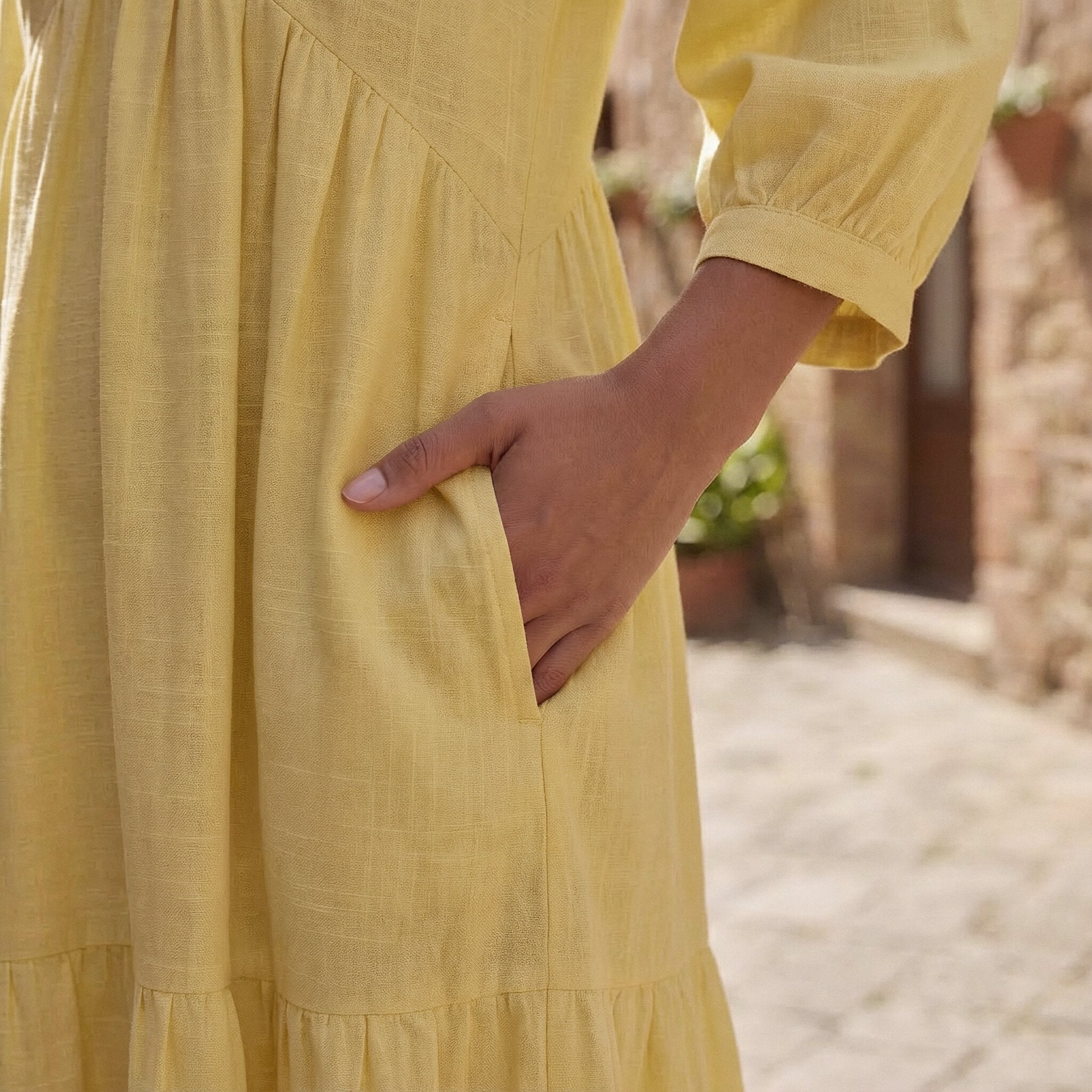 Butter Yellow Handspun Cotton Deep-V Maxi Tier Dress