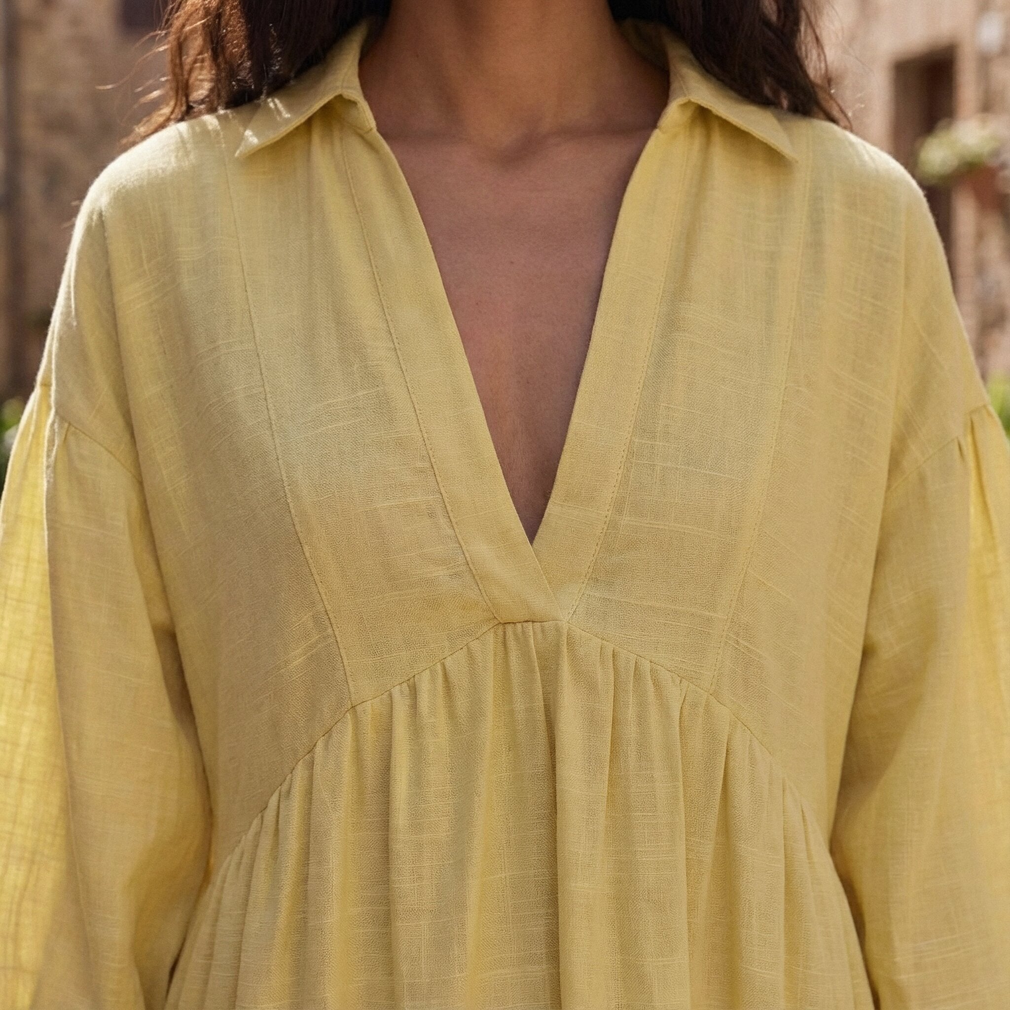 Butter Yellow Handspun Cotton Deep-V Maxi Tier Dress