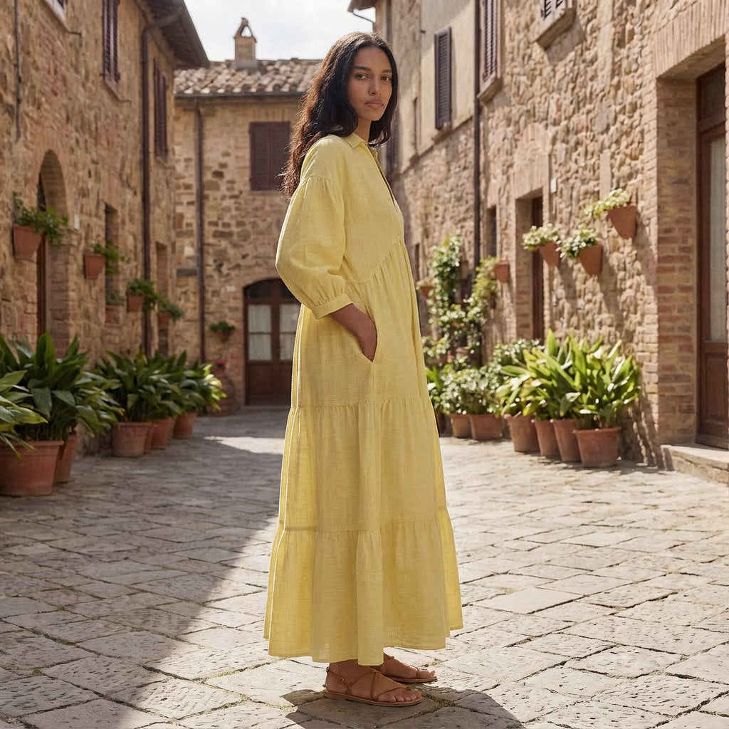 Butter Yellow Handspun Cotton Deep-V Maxi Tier Dress