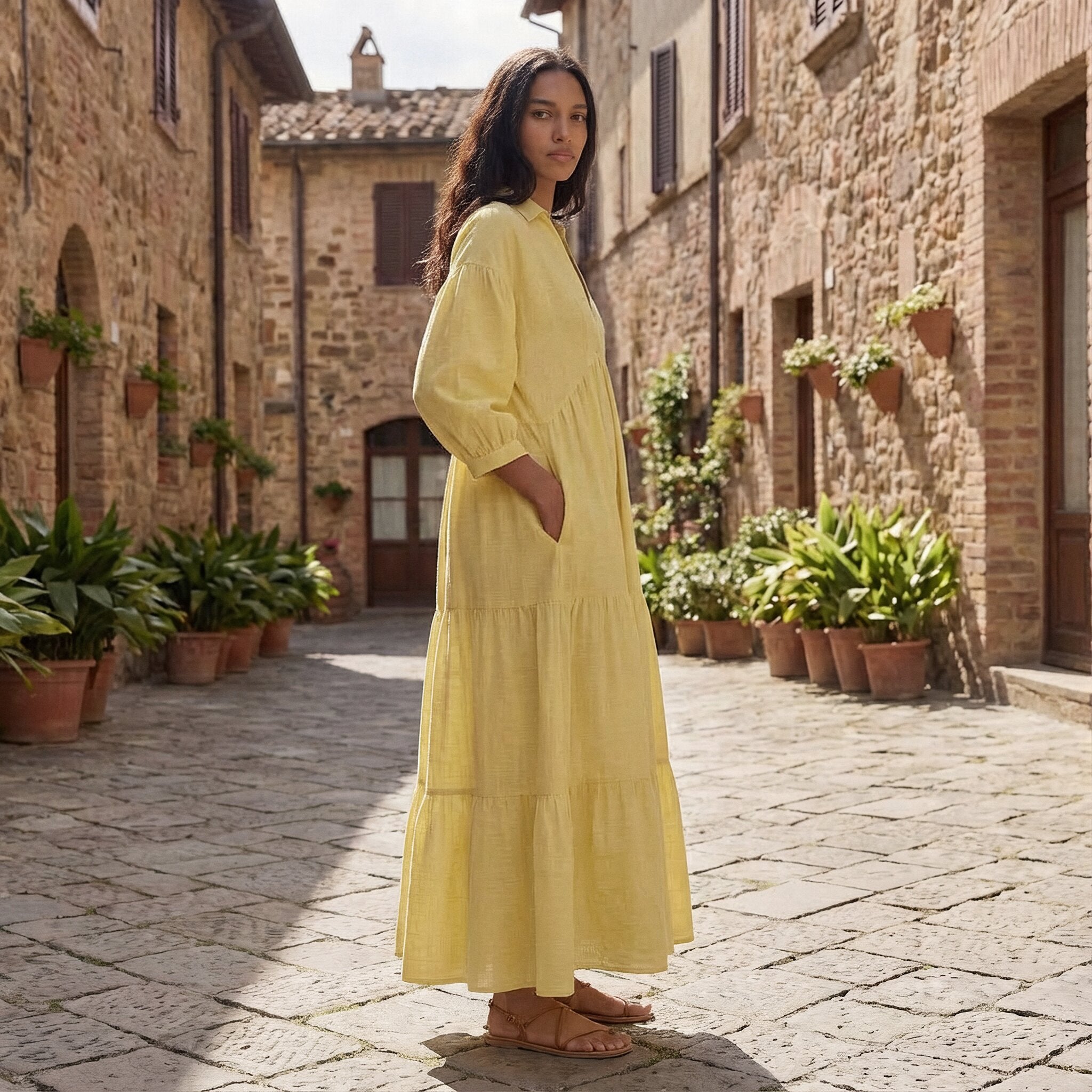 Butter Yellow Handspun Cotton Deep-V Maxi Tier Dress