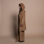 Left View of a Model wearing Camel Brown Cotton Velvet Front Open Hoodie Jacket
