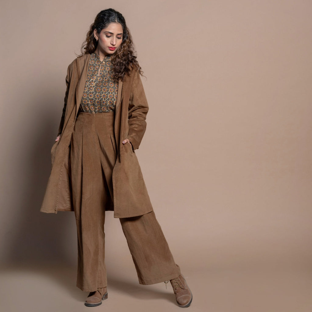 Front View of a Model wearing Camel Brown Cotton Velvet Front Open Hoodie Jacket