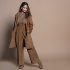 Front View of a Model wearing Camel Brown Cotton Velvet Front Open Hoodie Jacket