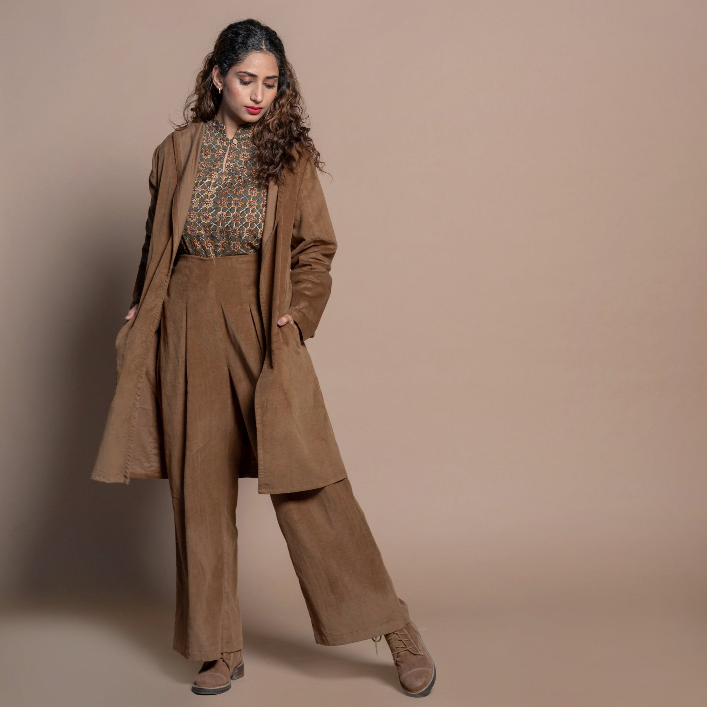 Front View of a Model wearing Camel Brown Cotton Velvet Front Open Hoodie Jacket