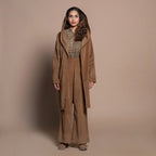 Front View of a Model wearing Camel Brown Cotton Velvet Front Open Hoodie Jacket