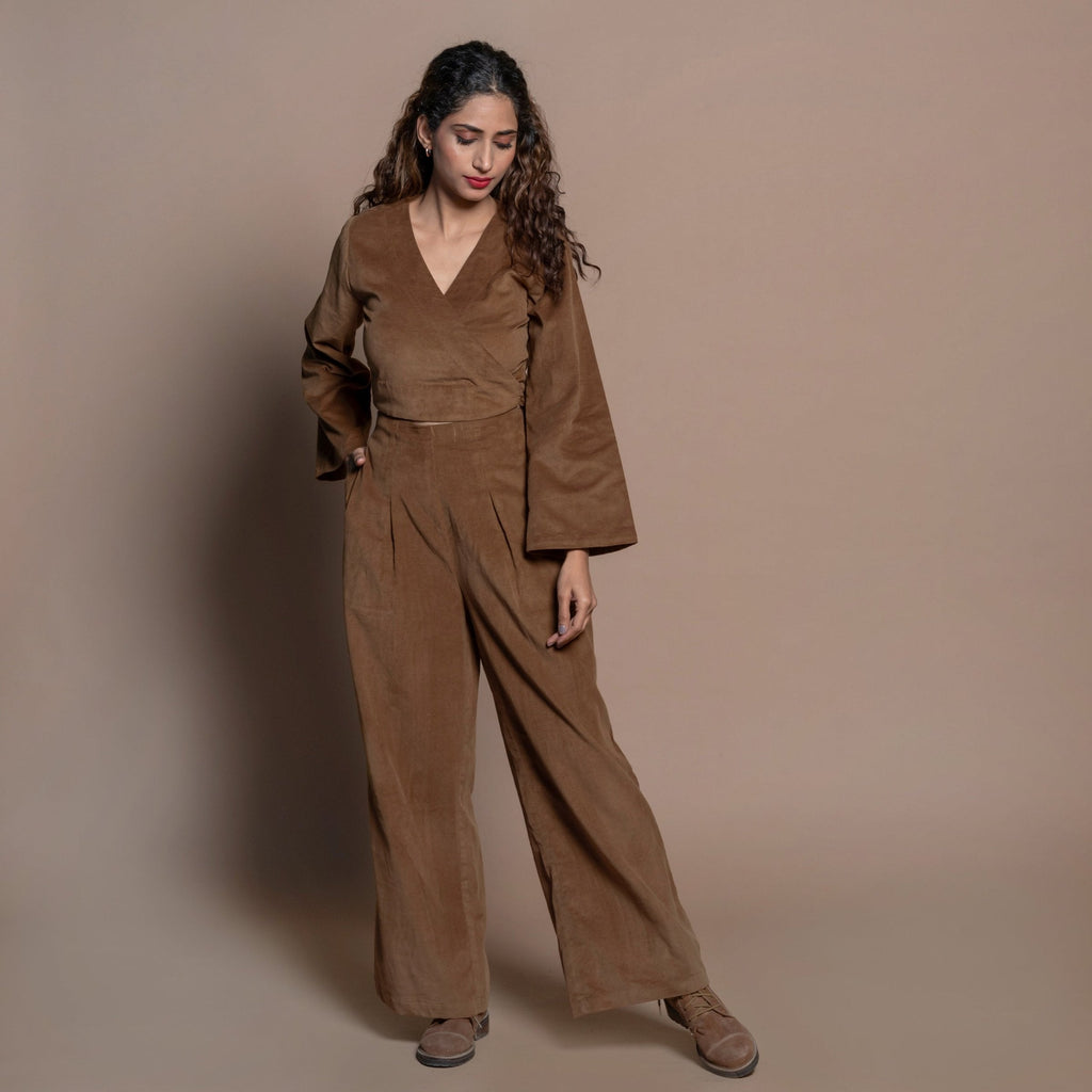 Front View of a Model wearing Camel Brown Cotton Velvet Full Sleeve Wrap Crop Top