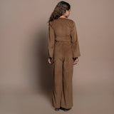 Back View of a Model wearing Camel Brown Cotton Velvet Full Sleeve Wrap Crop Top