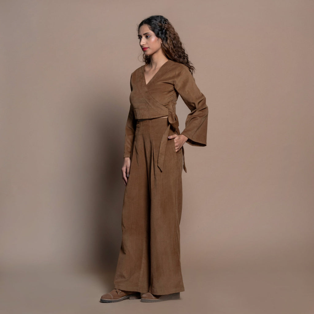 Left View of a Model wearing Camel Brown Cotton Velvet Full Sleeve Wrap Crop Top