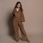 Front View of a Model wearing Camel Brown Cotton Velvet Elasticated Wide Legged Pant