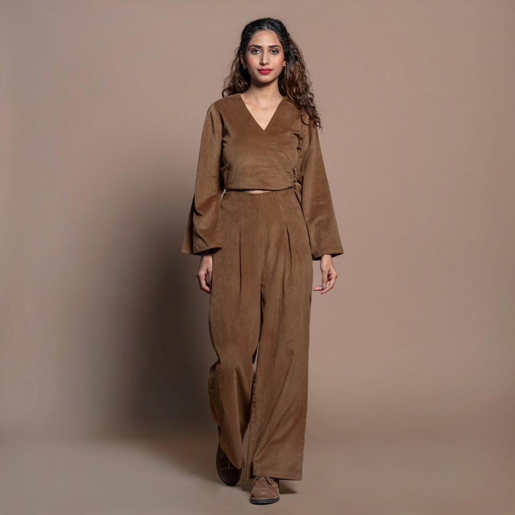 Front View of a Model wearing Camel Brown Cotton Velvet Elasticated Wide Legged Pant