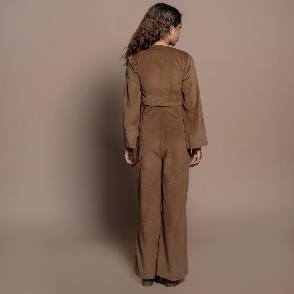 Back View of a Model wearing Camel Brown Cotton Velvet Elasticated Wide Legged Pant