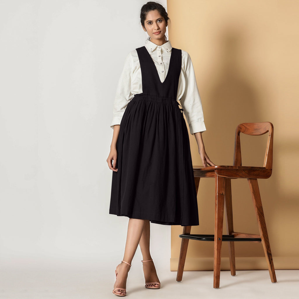 Front View of a Model wearing Charcoal Black Cotton Flax Pinafore Midi Wrap Dress