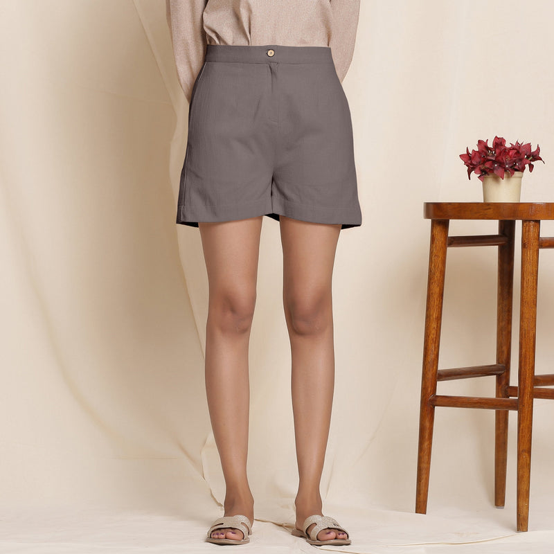 Front View of a Model wearing Charcoal Grey Cotton Flannel High-Rise Shorts