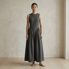 Charcoal Grey Cotton Flannel Sleeveless Paneled Maxi Dress