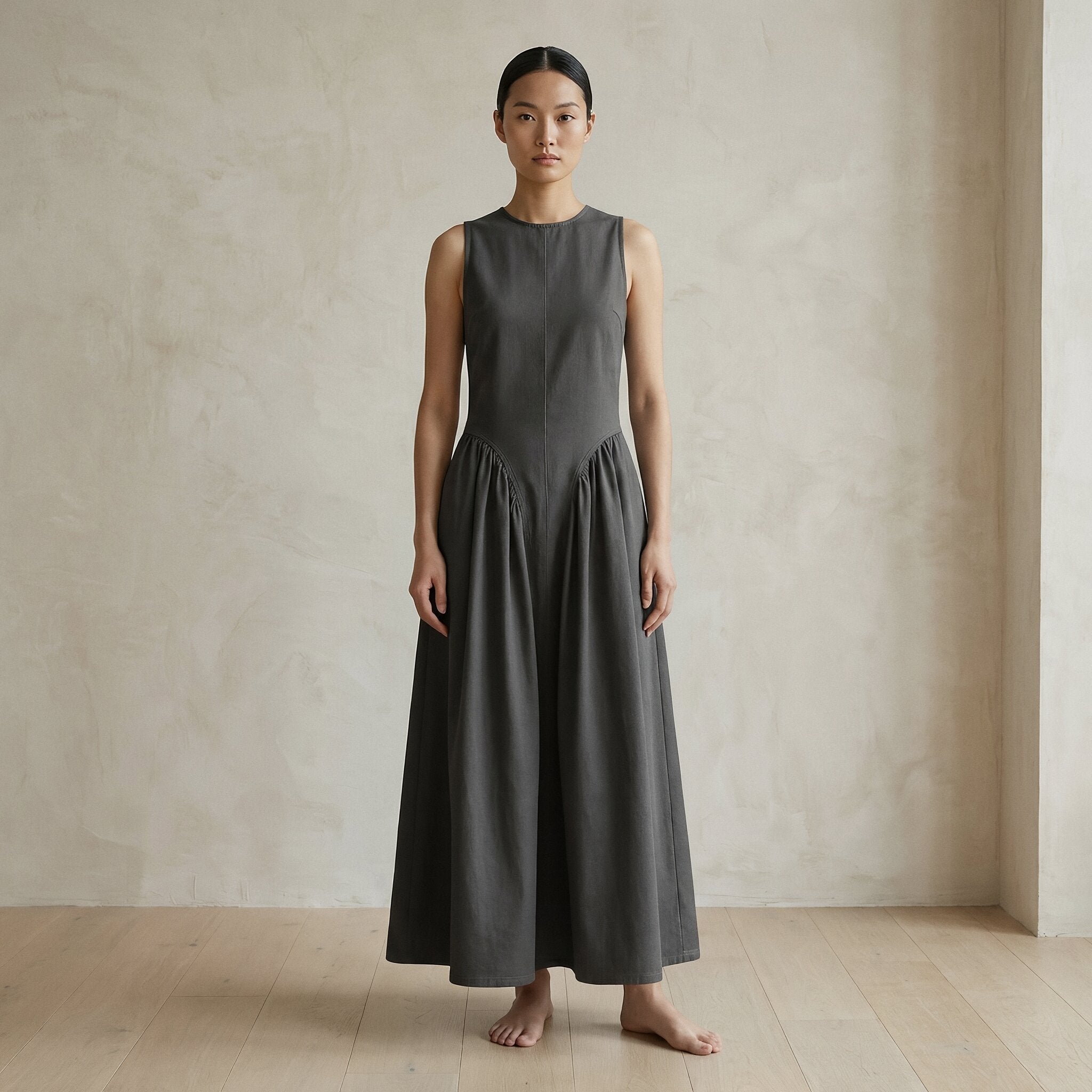 Charcoal Grey Cotton Flannel Sleeveless Paneled Maxi Dress