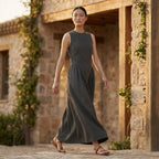 Charcoal Grey Cotton Flannel Sleeveless Paneled Maxi Dress