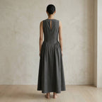 Charcoal Grey Cotton Flannel Sleeveless Paneled Maxi Dress