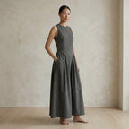 Charcoal Grey Cotton Flannel Sleeveless Paneled Maxi Dress