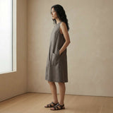Charcoal Grey Cotton Flannel Sleeveless Paneled Swing Dress