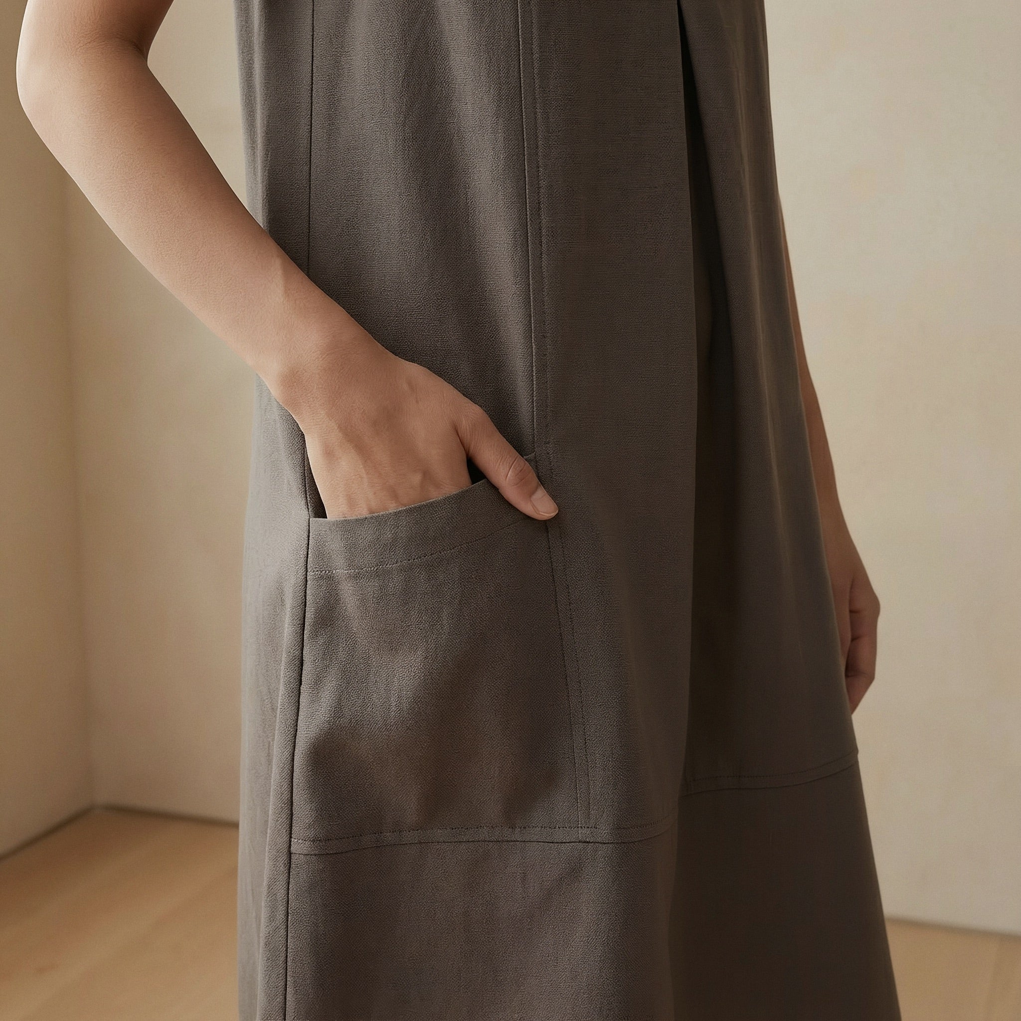 Charcoal Grey Cotton Flannel Sleeveless Paneled Swing Dress