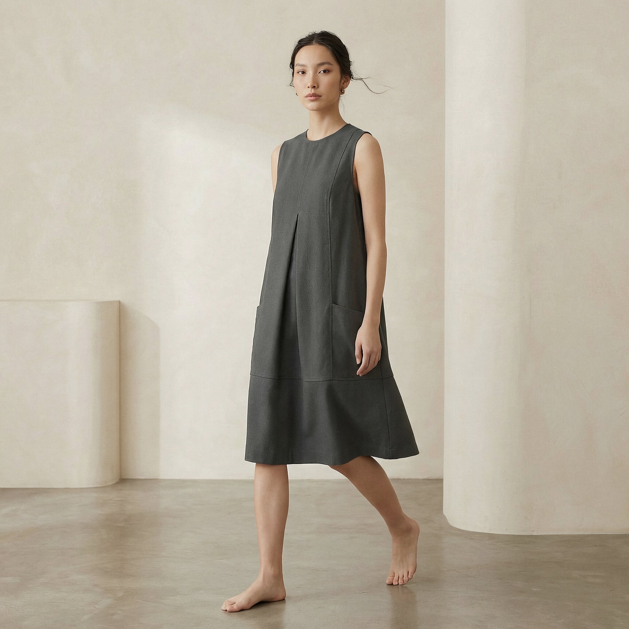 Charcoal Grey Cotton Flannel Sleeveless Paneled Swing Dress