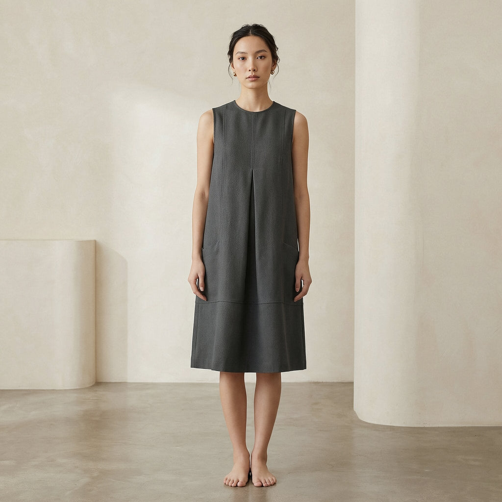 Charcoal Grey Cotton Flannel Sleeveless Paneled Swing Dress