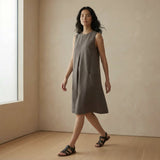 Charcoal Grey Cotton Flannel Sleeveless Paneled Swing Dress
