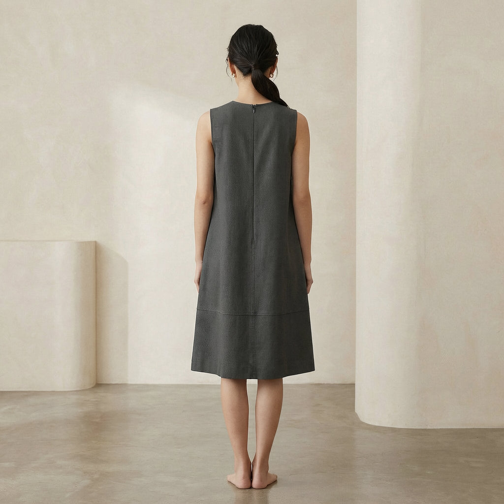 Charcoal Grey Cotton Flannel Sleeveless Paneled Swing Dress