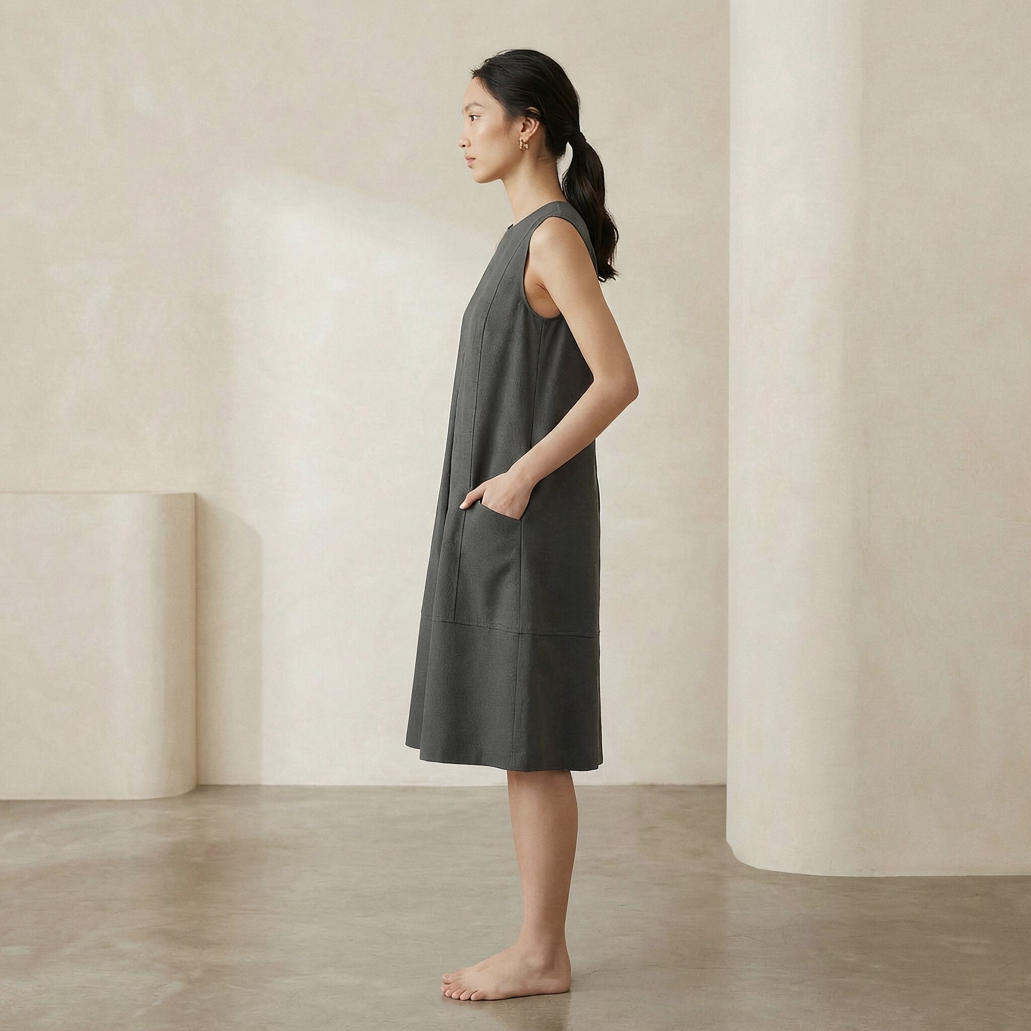 Charcoal Grey Cotton Flannel Sleeveless Paneled Swing Dress