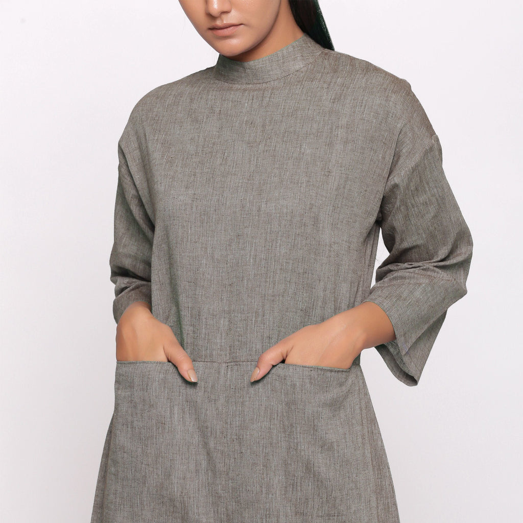 Front Detail of a Model wearing Charcoal Grey Handspun Straight Ankle Length Jumpsuit