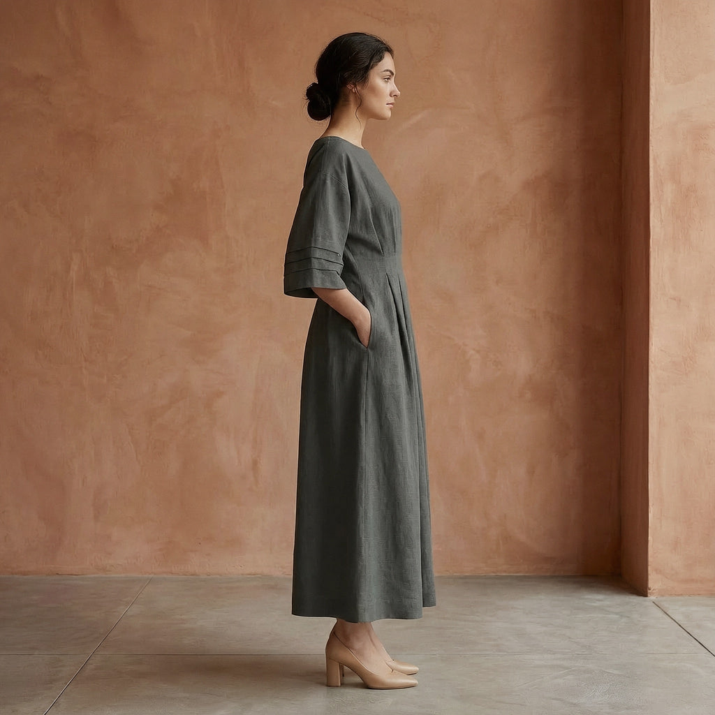 Charcoal Grey Warm Cotton Flannel Boat Neck Maxi Dress with Kimono Sleeves