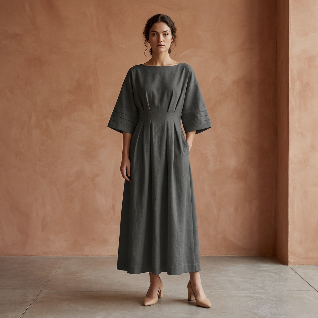 Charcoal Grey Warm Cotton Flannel Boat Neck Maxi Dress with Kimono Sleeves
