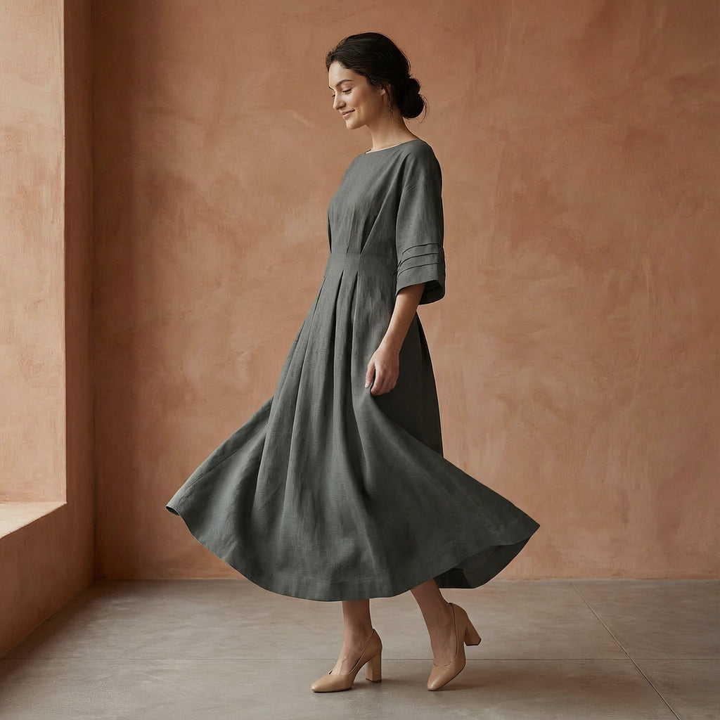 Charcoal Grey Warm Cotton Flannel Boat Neck Maxi Dress with Kimono Sleeves